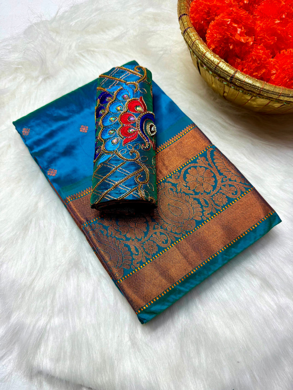 Mango Kanjeevaram Silk Paithani Saree with Handwork Aari Blouse