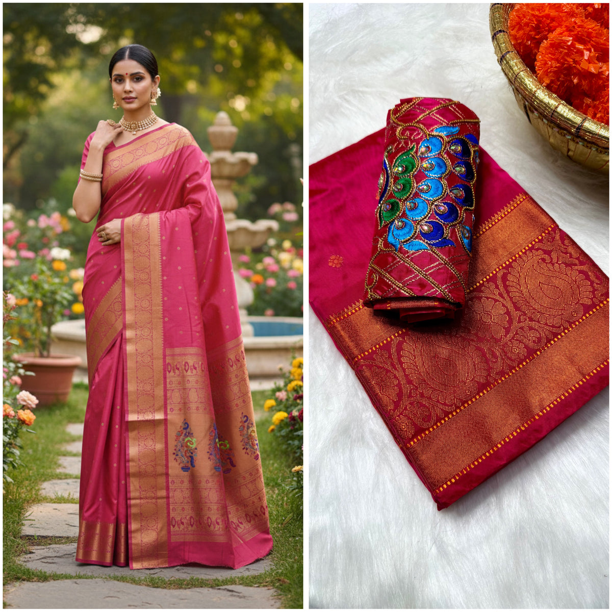 Mango Kanjeevaram Silk Paithani Saree with Handwork Aari Blouse