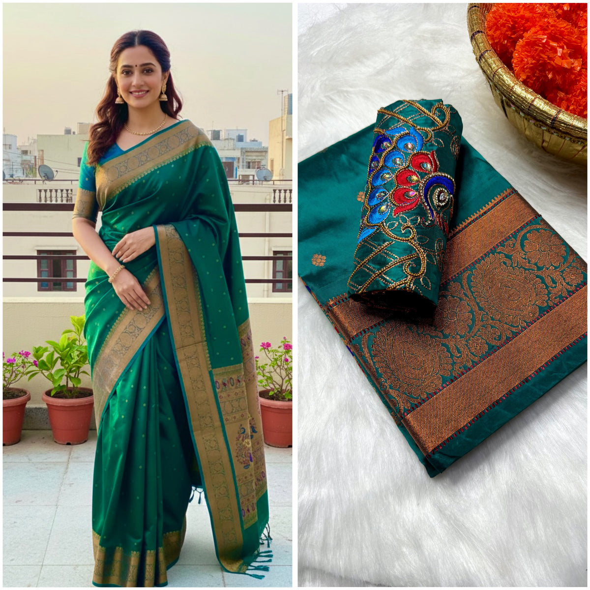 Mango Kanjeevaram Silk Paithani Saree with Handwork Aari Blouse