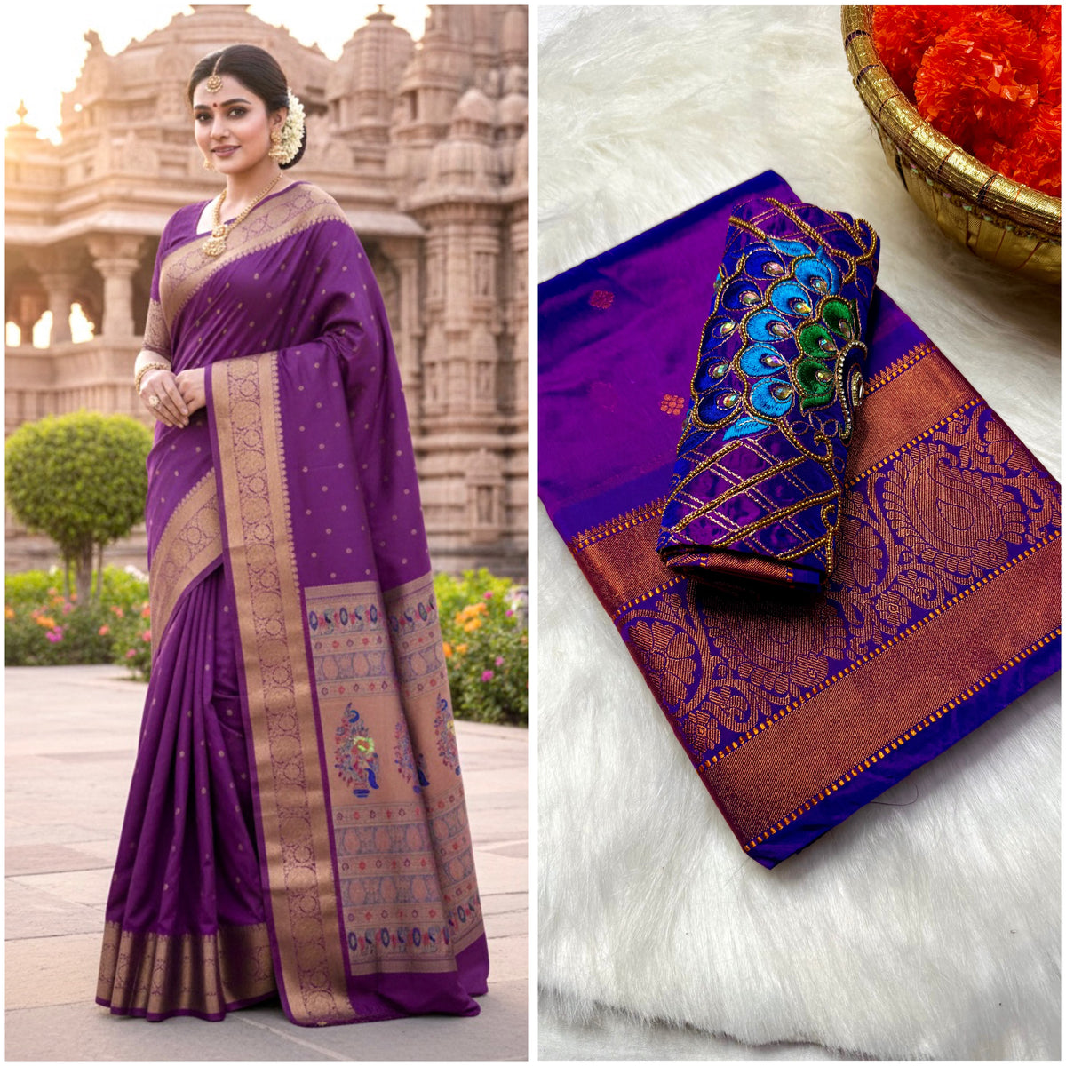 Mango Kanjeevaram Silk Paithani Saree with Handwork Aari Blouse